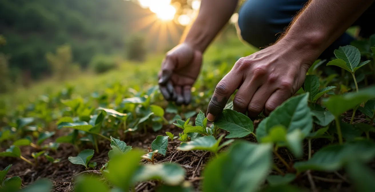 Main examinant la densité de végétation sur un terrain en pente