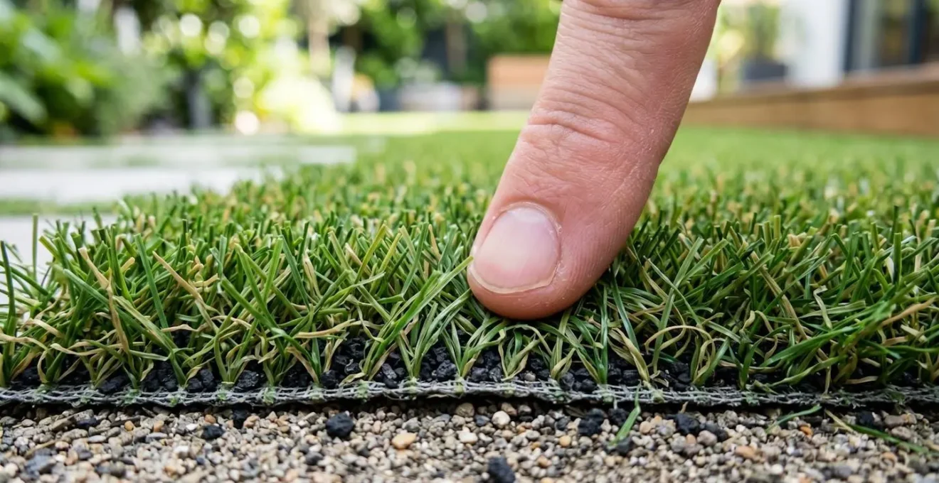 Gros plan d'une main touchant les fibres vertes d'une pelouse synthétique avec la base de fondation drainante visible en arrière-plan flouté