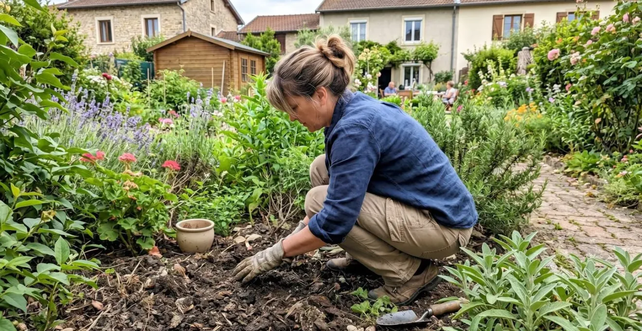 Propriétaire accroupi de dos examinant la texture du sol d'un jardin résidentiel avant installation de pelouse synthétique