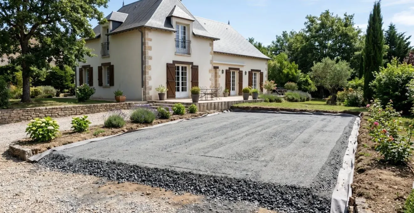 Vue large d'un terrain de jardin résidentiel préparé montrant les différentes couches de fondation en gravier et sable compacté, chantier propre sans présence humaine, maison contemporaine française en arrière-plan